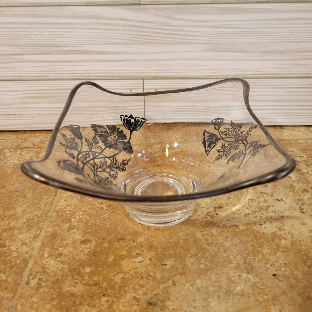 Vintage  Forest Pattern Silver Inlay Square Glass Bowl with Silver Rim